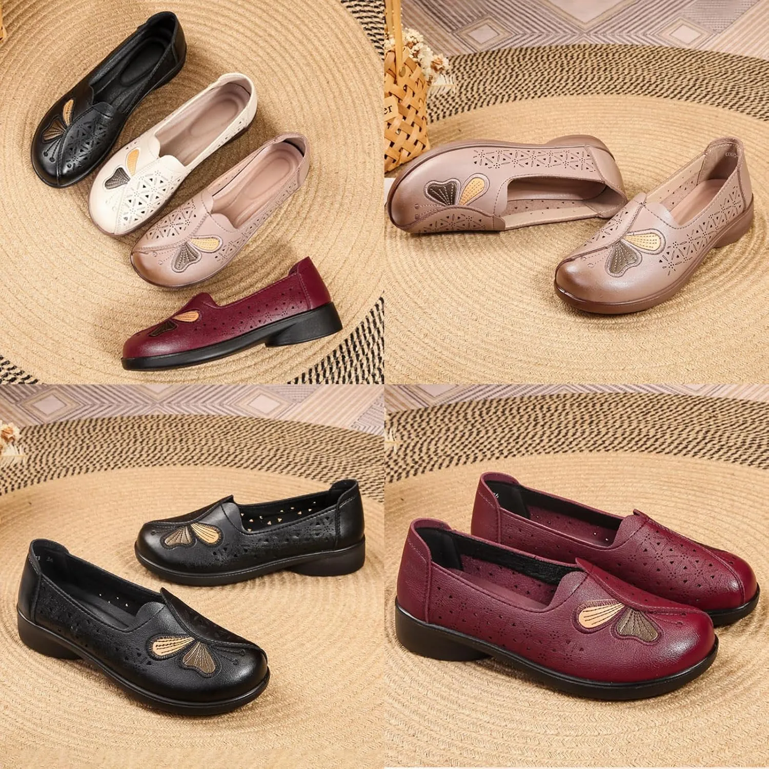 Women's Slip on Comfort Casual Leather Shoes,Vintage Cute Bow Embroidery Non-Slip Softsole Dress Walking Loafers