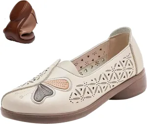 Women's Slip on Comfort Casual Leather Shoes,Vintage Cute Bow Embroidery Non-Slip Softsole Dress Walking Loafers