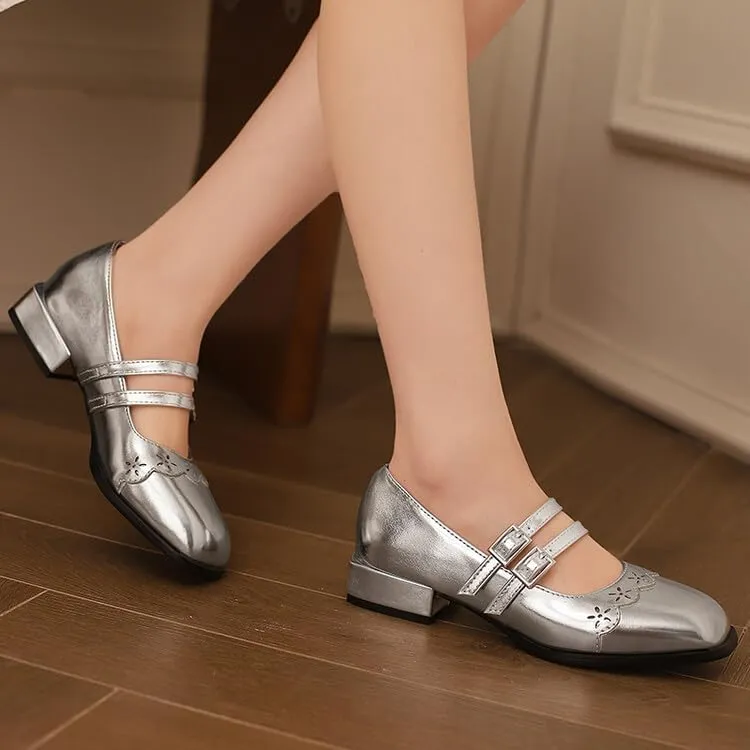 Women's Square Toe Mary Jane Square Heel Pumps