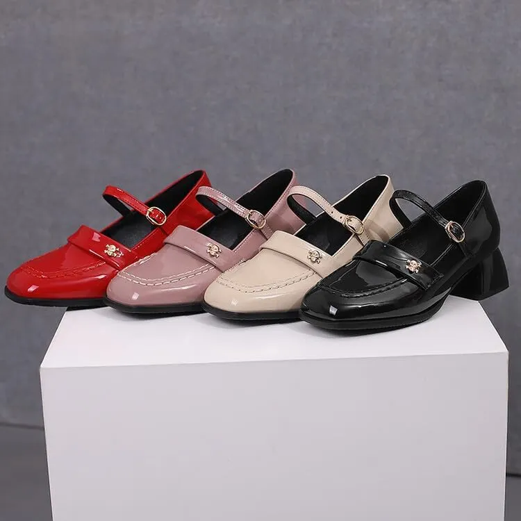 Women's Square Toe Mary Jane Square Heel Pumps