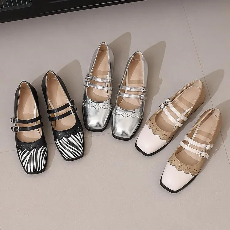 Women's Square Toe Mary Jane Square Heel Pumps
