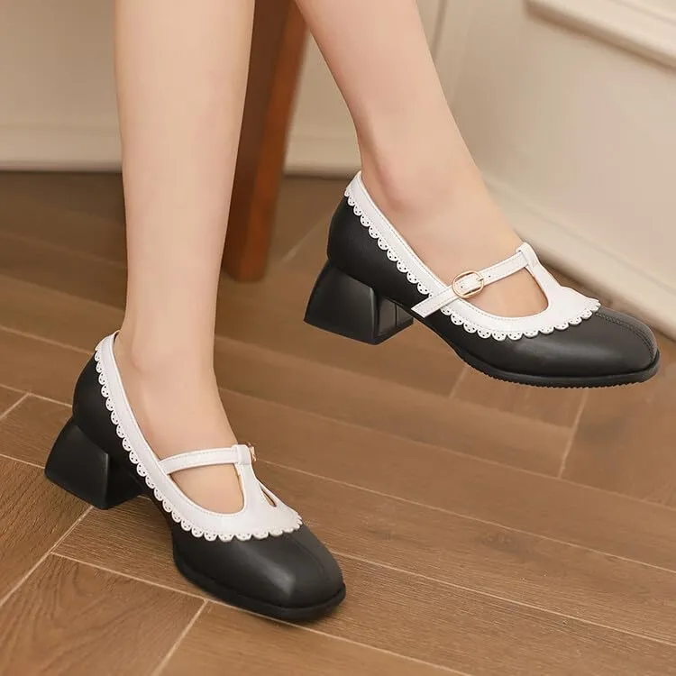 Women's Square Toe T Strap Mary Jane Square Heel Pumps