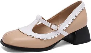 Women's Square Toe T Strap Mary Jane Square Heel Pumps