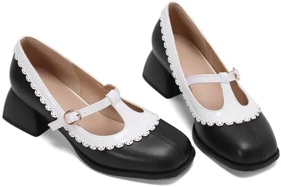 Women's Square Toe T Strap Mary Jane Square Heel Pumps