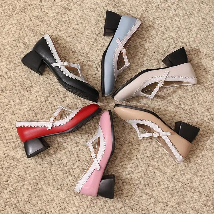 Women's Square Toe T Strap Mary Jane Square Heel Pumps