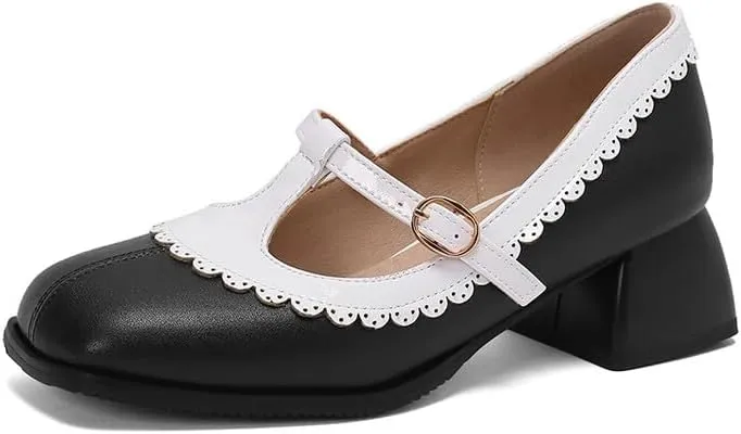 Women's Square Toe T Strap Mary Jane Square Heel Pumps
