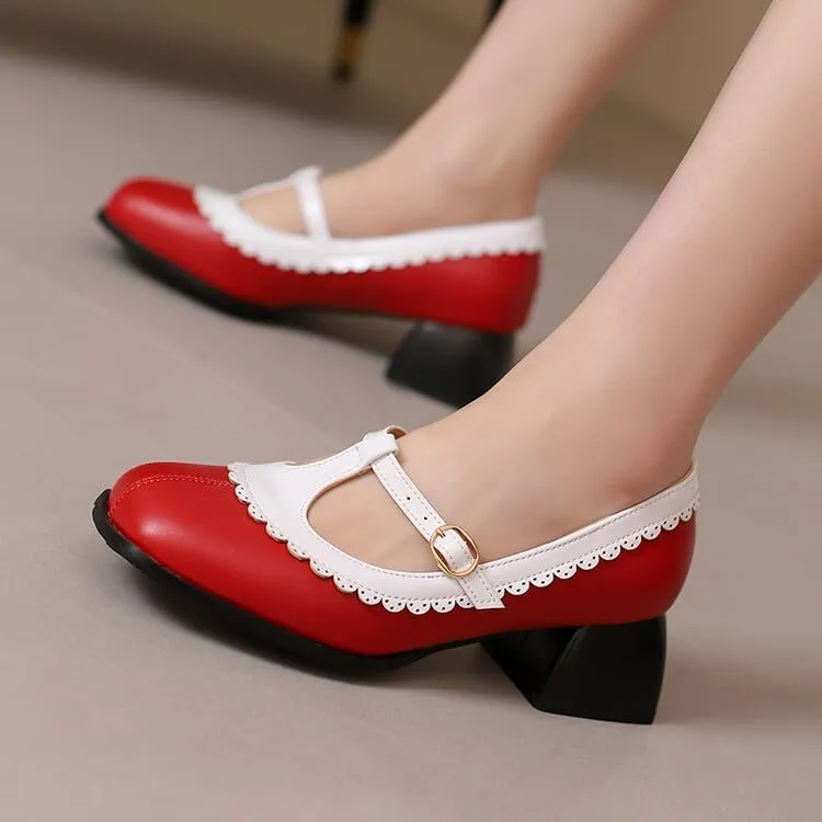 Women's Square Toe T Strap Mary Jane Square Heel Pumps