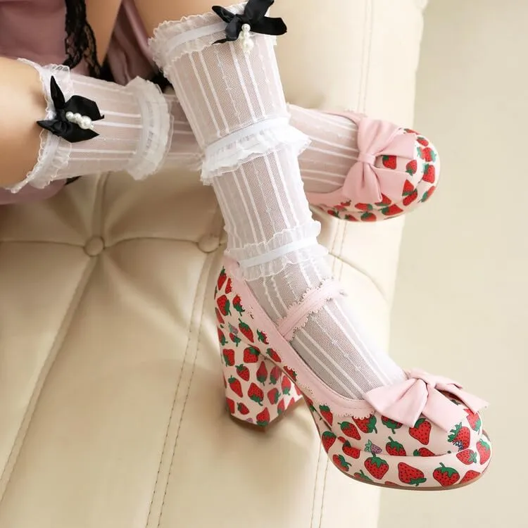 Women's Strawberry Printing Mary Janes Platform Square High Heel Pumps