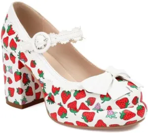 Women's Strawberry Printing Mary Janes Platform Square High Heel Pumps