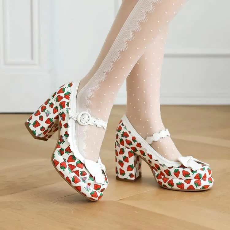 Women's Strawberry Printing Mary Janes Platform Square High Heel Pumps