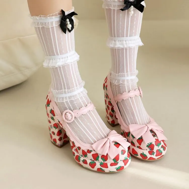 Women's Strawberry Printing Mary Janes Platform Square High Heel Pumps