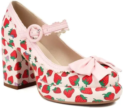 Women's Strawberry Printing Mary Janes Platform Square High Heel Pumps