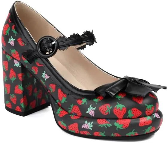 Women's Strawberry Printing Mary Janes Platform Square High Heel Pumps