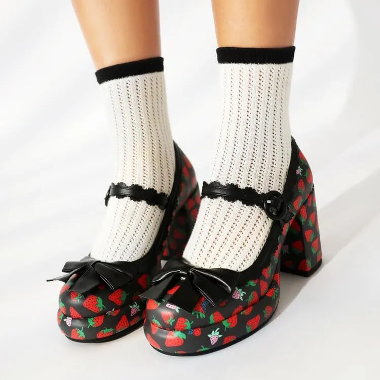 Women's Strawberry Printing Mary Janes Platform Square High Heel Pumps
