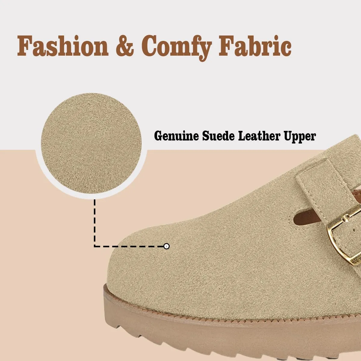 Women's Suede Clogs Leather Mules Comfort Cork Footbed Platform Clogs Adjustable Buckle Slip On Sandals Potato Shoes with Arch Support