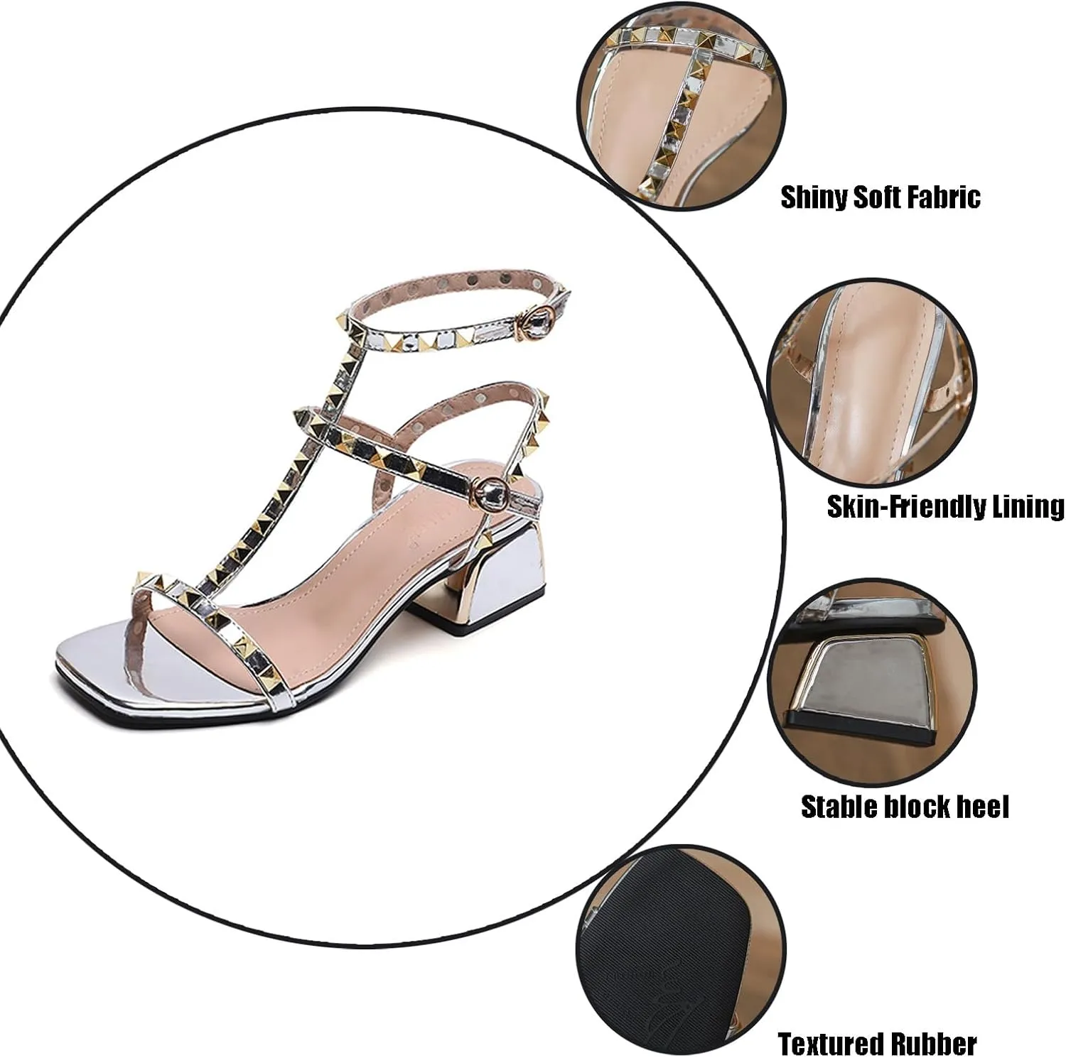 Women's T Strap Studded Chunky Heeled Gladiator Sandals Square Open Toe Thong Adjustable Ankle Strap Mid Block Heel Sandals