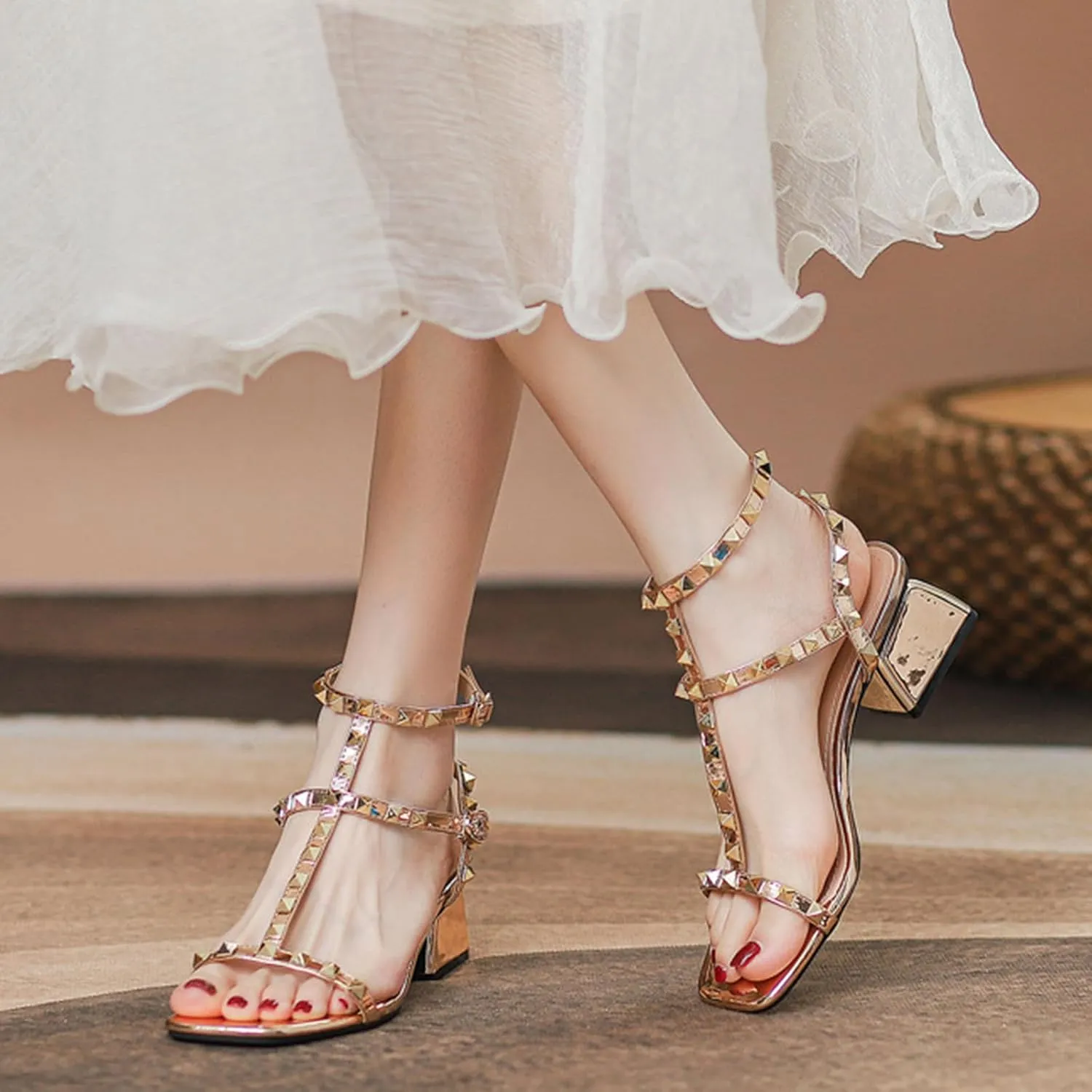 Women's T Strap Studded Chunky Heeled Gladiator Sandals Square Open Toe Thong Adjustable Ankle Strap Mid Block Heel Sandals