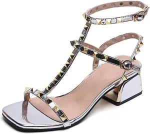 Women's T Strap Studded Chunky Heeled Gladiator Sandals Square Open Toe Thong Adjustable Ankle Strap Mid Block Heel Sandals