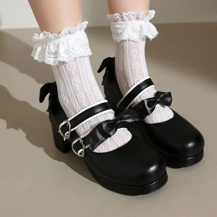 Women's Two Bow Chunky Heel Platform Pumps High Heels Mary Jane Lolita Shoes