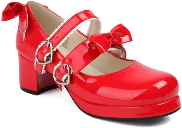 Women's Two Bow Chunky Heel Platform Pumps High Heels Mary Jane Lolita Shoes