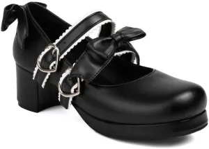 Women's Two Bow Chunky Heel Platform Pumps High Heels Mary Jane Lolita Shoes