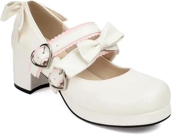 Women's Two Bow Chunky Heel Platform Pumps High Heels Mary Jane Lolita Shoes