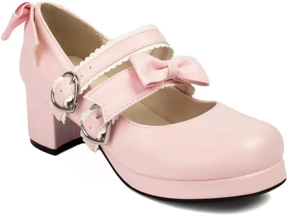 Women's Two Bow Chunky Heel Platform Pumps High Heels Mary Jane Lolita Shoes