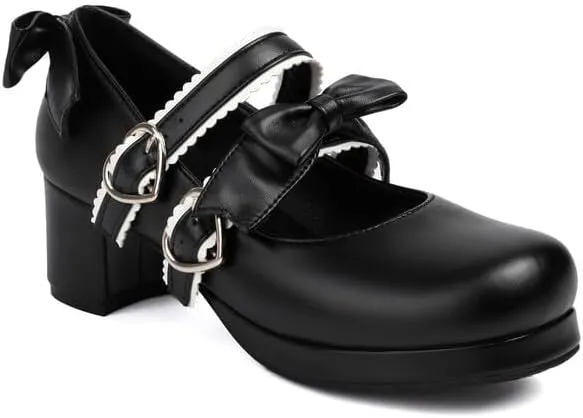 Women's Two Bow Chunky Heel Platform Pumps High Heels Mary Jane Lolita Shoes