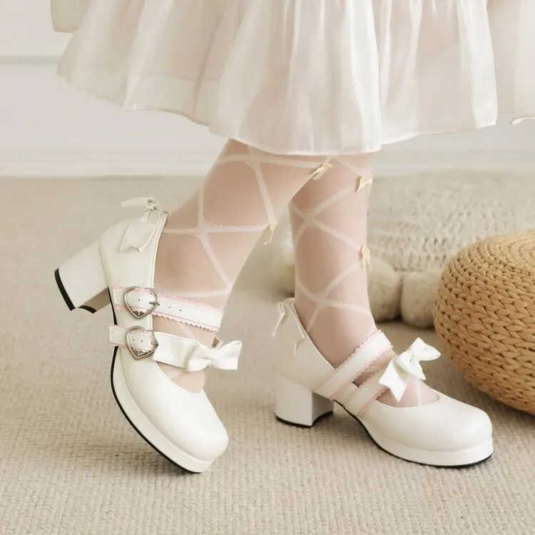 Women's Two Bow Chunky Heel Platform Pumps High Heels Mary Jane Lolita Shoes