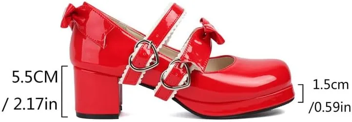 Women's Two Bow Chunky Heel Platform Pumps High Heels Mary Jane Lolita Shoes