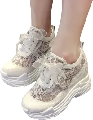 Womenyiaor Women's Fashion Sneakers Dressy Floral Embroidery Breathable Sheer Mesh Sneakers Platform Wedge Sneakers Casual Lace up Walking Shoes (A-White, 7)