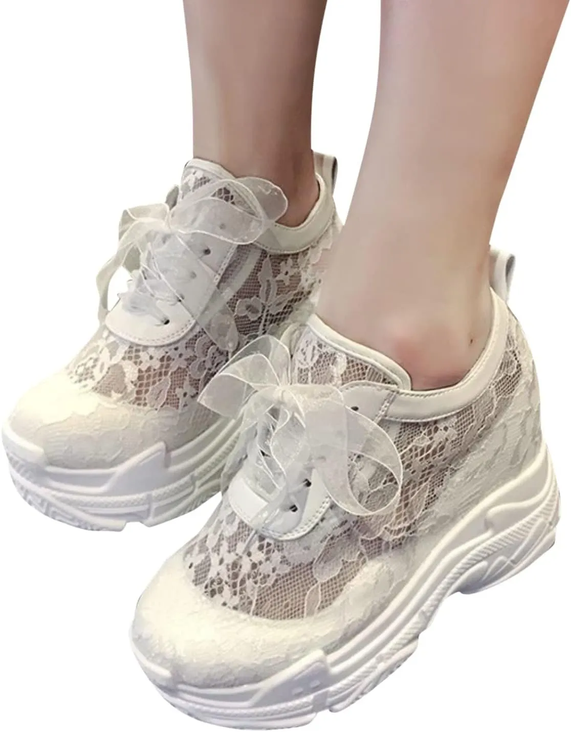 Womenyiaor Women's Fashion Sneakers Dressy Floral Embroidery Breathable Sheer Mesh Sneakers Platform Wedge Sneakers Casual Lace up Walking Shoes (A-White, 7)