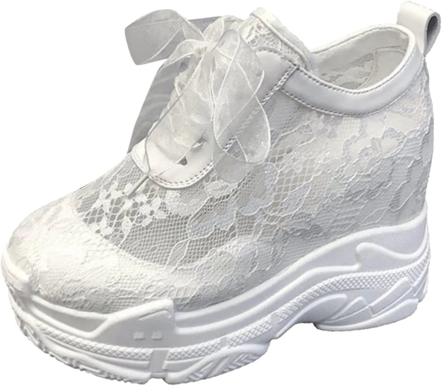 Womenyiaor Women's Fashion Sneakers Dressy Floral Embroidery Breathable Sheer Mesh Sneakers Platform Wedge Sneakers Casual Lace up Walking Shoes (A-White, 7)