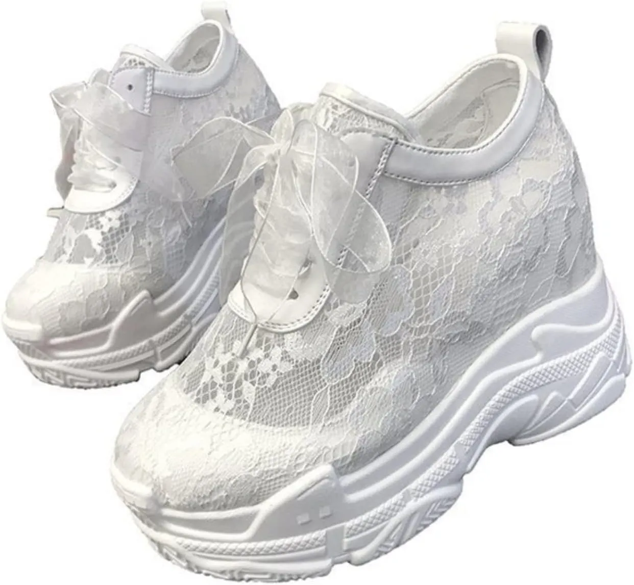 Womenyiaor Women's Fashion Sneakers Dressy Floral Embroidery Breathable Sheer Mesh Sneakers Platform Wedge Sneakers Casual Lace up Walking Shoes (A-White, 7)