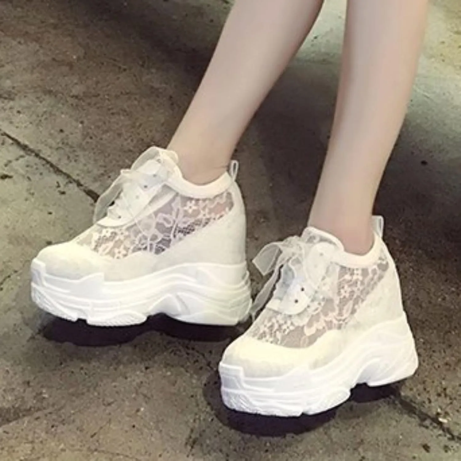 Womenyiaor Women's Fashion Sneakers Dressy Floral Embroidery Breathable Sheer Mesh Sneakers Platform Wedge Sneakers Casual Lace up Walking Shoes (A-White, 7)