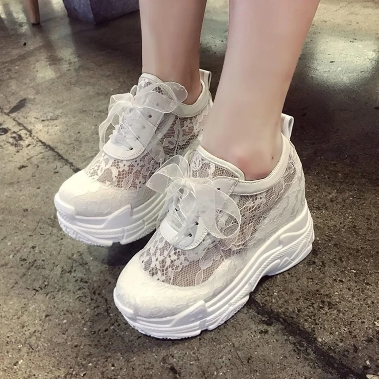 Womenyiaor Women's Fashion Sneakers Dressy Floral Embroidery Breathable Sheer Mesh Sneakers Platform Wedge Sneakers Casual Lace up Walking Shoes (A-White, 7)