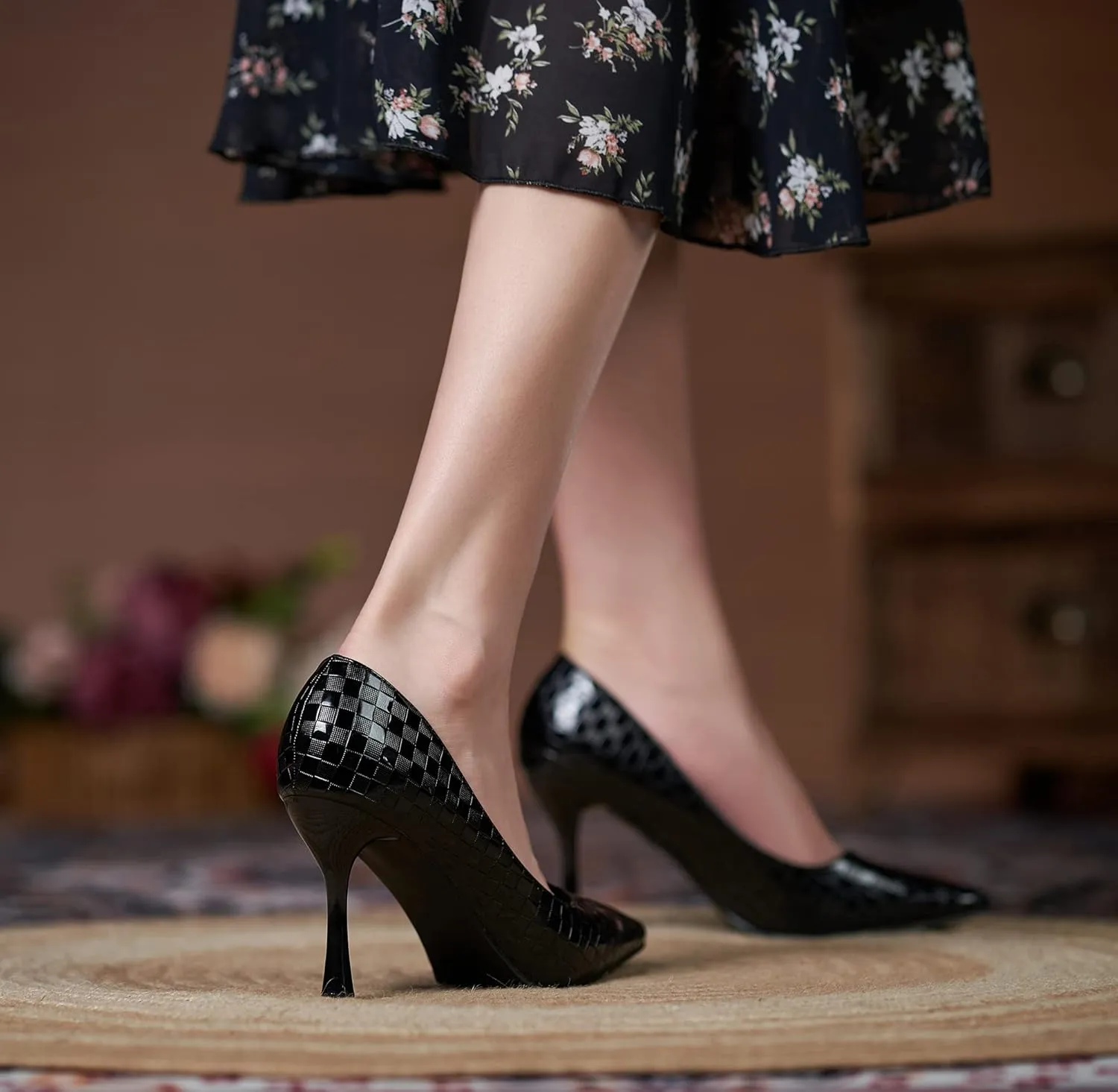 YooPrettyz Women Romantic Pointed Toe Pumps Stilettos Checked Pattern Office Shoes Formal Dress High Heels